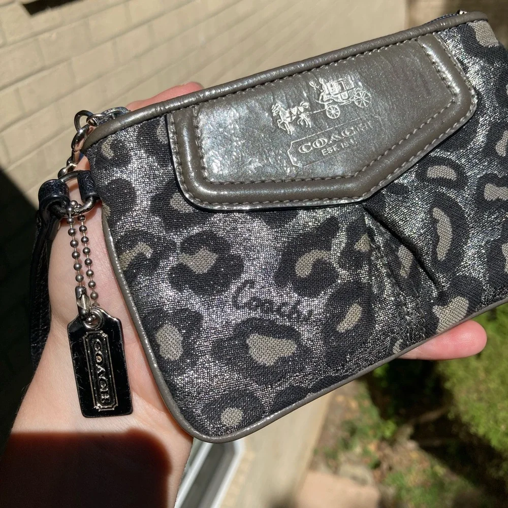 Coach Metallic Silver Glitter Sparkle Leopard Print Zipper Pouch Wristlet Wallet